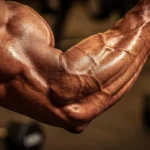 Biceps musclé en salle de sport, éclairage dramatique révélant la définition musculaire