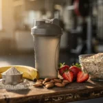 Compléments alimentaires brûleurs de graisse sur un banc de musculation, nutrition sportive