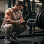 Athlète qui estime son max en musculation avec une barre chargée et un carnet d'entraînement
