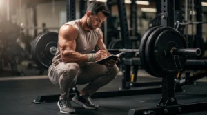 Athlète qui estime son max en musculation avec une barre chargée et un carnet d'entraînement
