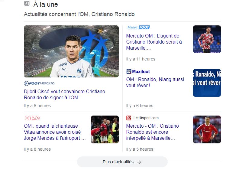 Capture Google des articles qui parlent de Ronaldo à Marseille