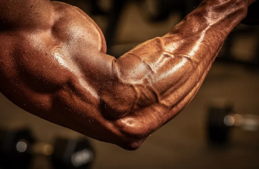 Biceps musclé en salle de sport, éclairage dramatique révélant la définition musculaire